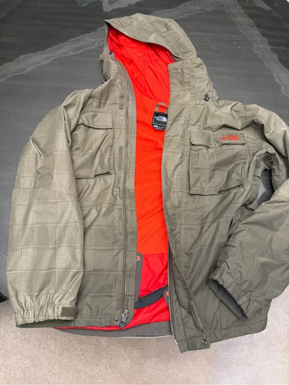 The North Face Olive Green Men's Hooded Jacket with Red Lining